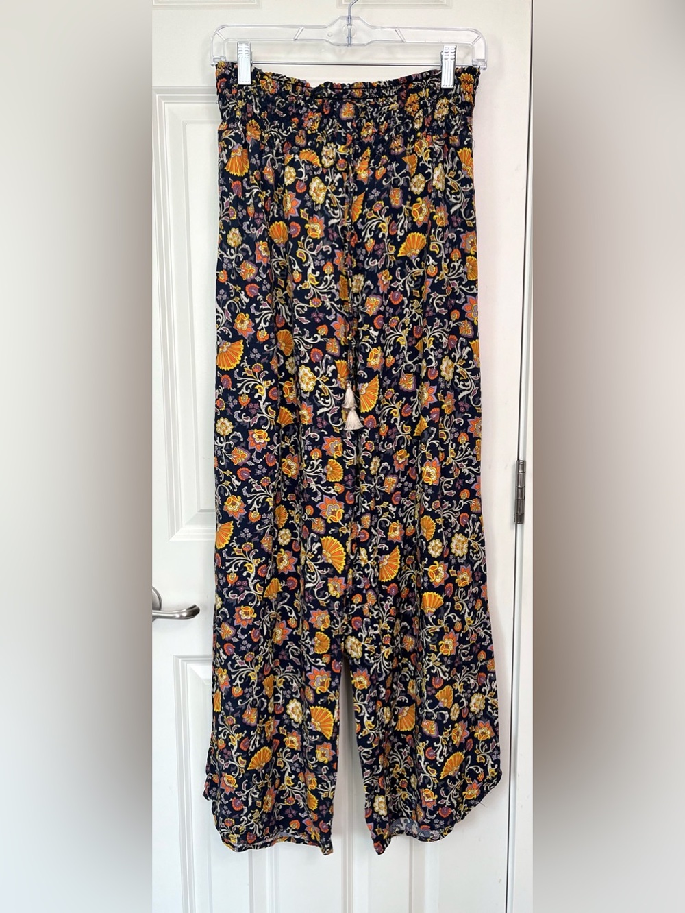 one 5 one Navy Wide-Leg Floral Jumpsuit Pants with Mustard Print